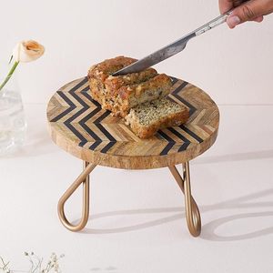 Wood Tabletop <b>Cake</b> <b>Stand</b> Round Dessert Display Rack Gold Metal Legs Bakery Counter Holder - Product Image 2