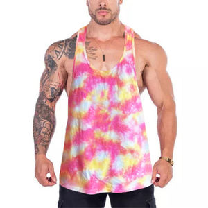 Camiseta sin mangas de punto con cuello redondo y estampado tie-dye para hombre, con logo personalizado, transpirable, informal, azul, rosa, morado. - Product Image 5