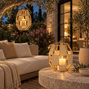 Lanterne géométrique nordique en feuille de palmier, porte-bougie, lanterne suspendue à lattes ouvertes, support de bougie en verre pour jardin, lumière décorative intérieure - Product Image 4