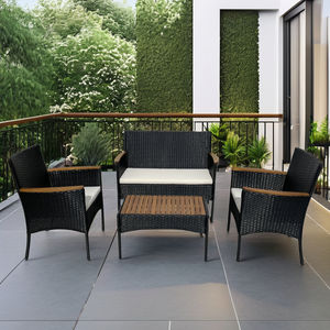 4P00077 Moderno y Cómodo Conjunto de Sofá de Ratán para Jardín o Terraza, Mesa de Centro, Sillas de Mimbre Negro, Madera de Acacia, Cojines Blancos Crema - Product Image 6