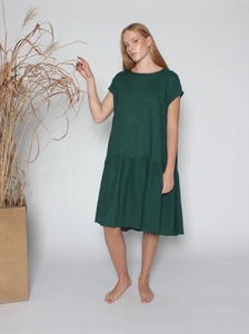 Nouvelle arrivée, robe midi formelle ample en coton vert foncé avec poches - Product Image 3