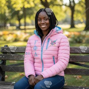 Chaqueta Acolchada con Capucha Personalizada de la Hermandad Gamma Phi Delta, Chaqueta de Alta Calidad con Bordado, Chaqueta Universitaria Acolchada para Mujer - Product Image 3