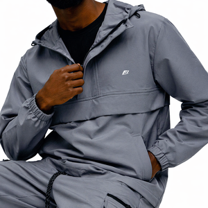 Chaqueta cortavientos con capucha y cremallera de un cuarto para hombre, con bolsillos, informal, para exteriores, de poliéster, de ajuste holgado, conjunto de chaqueta para hombre - Product Image 4