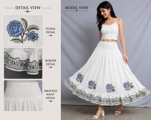 Handblock Print White Cotton <b>Skirt</b> Smocked <b>Elastic</b> Waist Midi <b>Skirt</b> Indian Traditional Floral Butta Ruffled Bottom Frill <b>Skirt</b> w - Product Image 2
