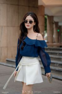 VIVI KA <b>Navy</b> Off Shoulder Blouse <b>Women</b> Ruffle Sheer Chiffon Balloon Sleeve Asymmetric <b>Top</b> Daily <b>Top</b> HAILEY - Product Image 6