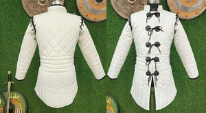Medieval Gambeson Handmade Cotton <b>White</b> Viking Renaissance Costume Black Leather Trimmed Standard Thickness Mandarin Collar Belt - Product Image 5
