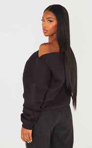Sudadera de Mujer Negra Asimétrica con Hombros Descubiertos, Manga Larga, Color Sólido, Tejido de Algodón, Oversize, con Logo Frontal, para Otoño e Invierno - Product Image 4