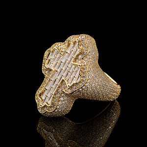 Luxury Geometric Cocktail <b>Ring</b> With Round and Baguette Cut Moissanite Pave Setting Diamond Yellow Gold Plated Unisex Party Wear - Product Image 2