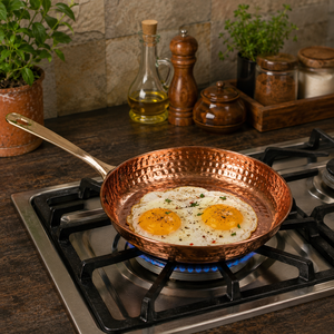 Pure Copper Hammered Fry <b>Pan</b> with Brass <b>Handle</b> | Traditional Indian Copper Skillet | Heavy Duty Frying <b>Pan</b> for Cooking | Premium - Product Image 3