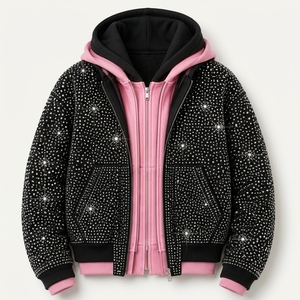 Reversible Black Pink Sequin <b>Hooded</b> Bomber <b>Jacket</b> With Zipper Closure Casual Winter Wear Unisex <b>Fleece</b> Lined Rhinestone Pullover - Product Image 1