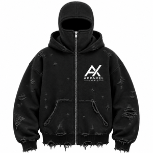 Sweat à capuche balaclava premium à fermeture éclair intégrale, coupe oversize, effet vieilli, en molleton de coton épais, style streetwear - Product Image 3