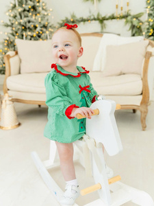 Embroidery Girl <b>Dress</b> High Quality Girls Green Gingham <b>Christmas</b> Tree Applique <b>Dress</b> With Red Peter Pan Collar And Puff Sleeves - Product Image 3