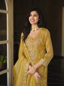<b>Women</b> Ethnic Motifs Embroidered Silk Loose Fit Casual Wedding Regular Thread Work <b>Kurta</b> with Trousers & Dupatta - Product Image 6