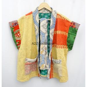 <b>Women</b> Patchwork Quilted <b>Jacket</b> V-Neck Short Sleeve Cotton Vintage Kantha Casual <b>Spring</b> Eco-Friendly Reversible Soft Hand Printed - Product Image 1