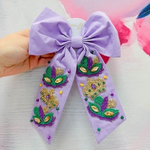 Lazo para el pelo bordado con lentejuelas de Mardi Gras de calidad de exportación, accesorio para el cabello de boutique con cola larga a cuadros, con cuentas y pedrería - Product Image 5