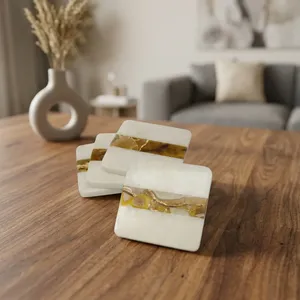 Square Stone <b>Coasters</b> with <b>Gold</b> Inlay Non-Slip Modern Table Mats for Home Office Decor - Product Image 2