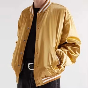 Chaqueta Varsity de Satén Color Oro Rosa para Hombre, Corte Regular, Estilo Casual, para Otoño, Cuello Camisero, Cierre de Botones, Color Sólido - Product Image 5