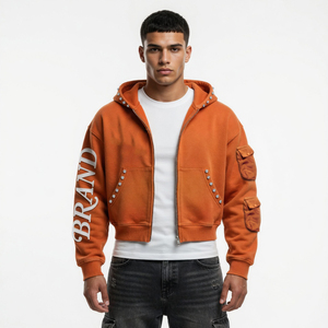 Sudadera con capucha de forro polar con cremallera y logotipo personalizado, de 400 GSM, extragrande, corta, con pedrería, lavado ácido, estilo urbano de invierno, unisex - Product Image 4
