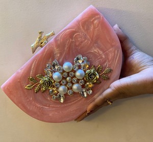 Vintage <b>Pink</b> Storage Bag Embellished Crystal Rhinestone Polish Finished Handbag Bridal Wedding Party <b>Purse</b> Women Resin Clutch - Product Image 1