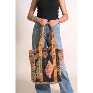 Bolso Tote de Algodón Kantha Estilo Boho, Hecho a Mano, Vintage, Bolso de Compras Indio, Bolso de Hombro Reutilizable para Mujer - Product Image 1