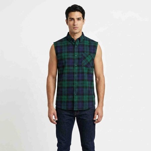 Chemise sans manches en flanelle à carreaux pour homme, coupe ample, avec logo personnalisé, boutonnée, décontractée, en coton, motif vert et bleu, T-shirt pour homme - Product Image 3