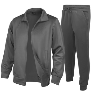 Ensemble de survêtement 2 pièces gris foncé pour homme, veste zippée à col rabattu, manches longues, pantalon de survêtement à cordon de serrage, décontracté - Product Image 1