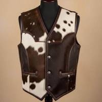 Gilet en cuir véritable de vache à poils pour homme, col en V, imprimé animal, vêtement d'extérieur décontracté, automne-hiver