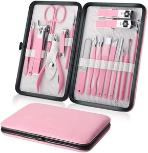 Wholesale Custom 16 Pieces Manicure Pedicure Kit Travel Pink <b>Nail</b> Grooming Clipper <b>Set</b> with White Lining Ribbed Leather Pouchs - Product Image 2