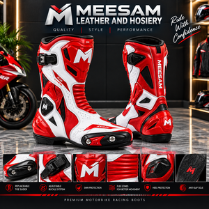 Bottes de moto en cuir rouge et blanc respirantes pour adultes - Product Image 1