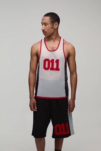 Men's Basketball Jersey Set White Red 011 <b>Mesh</b> Breathable Sporty Summer Knitted V-Neck Tank <b>Top</b> Shorts Digital Printed OEM - Product Image 5