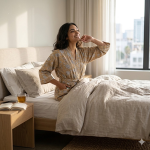 Robe kimono longue florale écologique pour femmes |   Robe de chambre en coton imprimée à la main |   Peignoir de plage à col en V et manches longues - Product Image 5