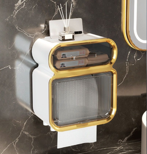 Distributeur de mouchoirs vertical de luxe avec finitions dorées, panneaux transparents et un corps blanc élégant. Disponible à prix de gros. - Product Image 1