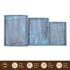 Juego de 3 bandejas para servir comida de madera maciza de mango, color azul quemado antiguo, hechas a mano, de alta calidad y gran venta, a precio directo de fábrica. - Product Image 2