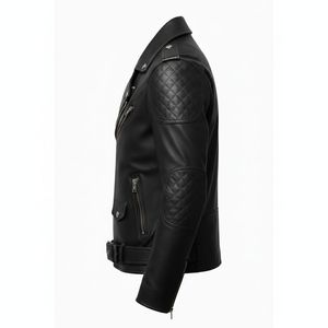 Chaqueta de Motociclista de Cuero Genuino Negro para Hombre, Corte Ajustado, Fabricante Personalizado OEM/ODM, Venta al Por Mayor - Product Image 3