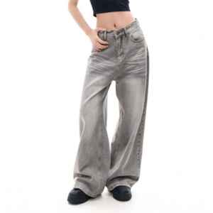 Pantalones Vaqueros de Mezclilla de Cintura Alta, Corte Regular, Casuales, Elegantes y a la Moda, Estilo Cargo, Lavado Ácido, 100% Algodón con Agujeros y Borlas - Product Image 6