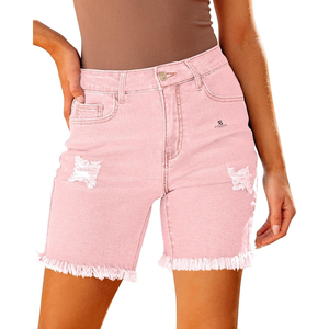 Shorts en jean déchirés taille haute pour femme, style décontracté et tendance, avec ourlet brut et boutons, modèle long 2026 - Product Image 1
