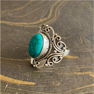 Bague en argent sterling 925 avec turquoise ovale, style bohème, pour tous les jours, mariage, fête, cadeau idéal, bijoux de créateur - Product Image 2