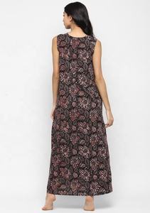 Smart Hot Summer Grey Maroon Flower Motif Hand Block Printed <b>Sleeveless</b> <b>Nighty</b> with Pocket Detail Beautiful Night Dress - Product Image 4