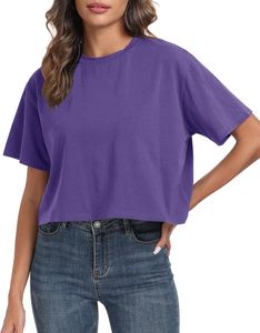 Camiseta Corta de Cuello Redondo Azul para Mujer, Corte Holgado, Color Sólido, Informal, Tejido de Punto Jersey, Transpirable, para Primavera/Verano - Product Image 2