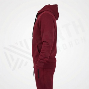 Men's <b>Maroon</b> Hooded Tracksuit Full Zip Solid Color Casual Sportswear With Side Pockets Regular Fit Autumn Wear - Product Image 3