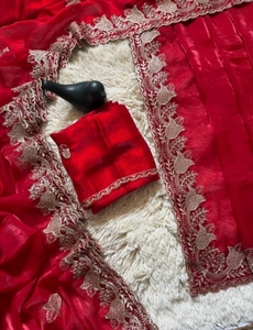 KV Women's Embroidered Bollywood Satin <b>Saree</b> (<b>Red</b>) - Product Image 3