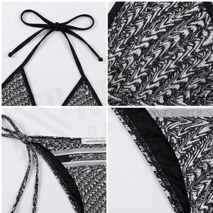 Conjunto de bikini de 2 piezas con estampado geométrico para mujer, cuello halter, parte inferior con lazo lateral, traje de baño elástico - Product Image 4