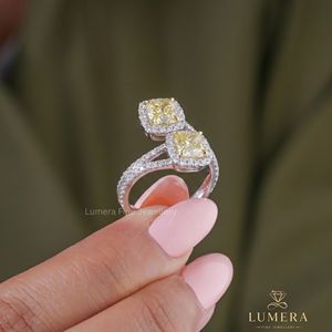 18K White Gold Toi et Moi Engagement <b>Ring</b> Fancy Yellow and White Cushion Cut Diamond Luxury Crossover Statement Band - Product Image 1