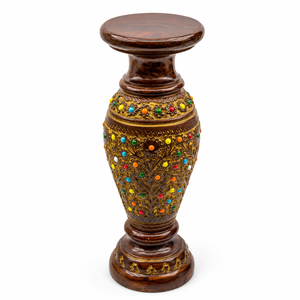 Vase décoratif en bois de rose indien sculpté à la main |   Vase à fleurs en bois floral avec des perles colorées |   Décoration d'intérieur artisanale, cadeau d'appoint - Product Image 1