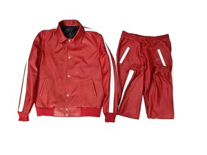 Custom <b>Men</b> Red Genuine Leather Tracksuit Set Two Piece <b>White</b> Side Stripe Snap Button <b>Jacket</b> Elastic Sweatpants Streetwear Casual - Product Image 1