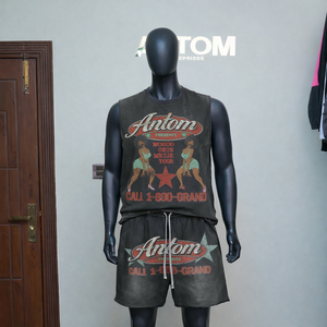 Conjunto de 2 piezas de camiseta sin mangas y pantalones cortos para hombre, estilo casual de verano, con lavado ácido, efecto desgastado y bajo sin rematar - Product Image 2