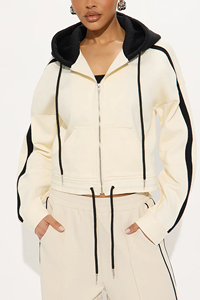 Women's two tone black ivory contrast zipper hoodie <b>pants</b> tracksuit set loose fit trouser black <b>line</b> piping tracksuit set - Product Image 2