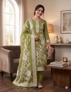 Salwar Kameez traditionnel en coton Muga Jamdani Pichwai pour femmes - occasions de mariage et de Diwali - Product Image 1