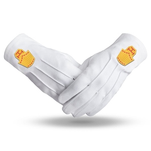 Gants en coton blanc pour le Chapitre Royal Arch du Haut Prêtre, avec emblème brodé or, pour la tenue de cérémonie - Product Image 1