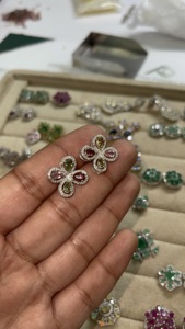 Multi Tourmaline & Diamond Earring <b>Stud</b> Colorful Multi Tourmaline Natural Gemstone Cluster Earrings Sterling <b>Silver</b> Stamped 925 - Product Image 1
